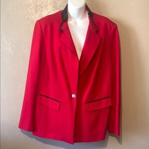 Nygard 1X red black blazer faux leather trim stretchy pockets silver buttons